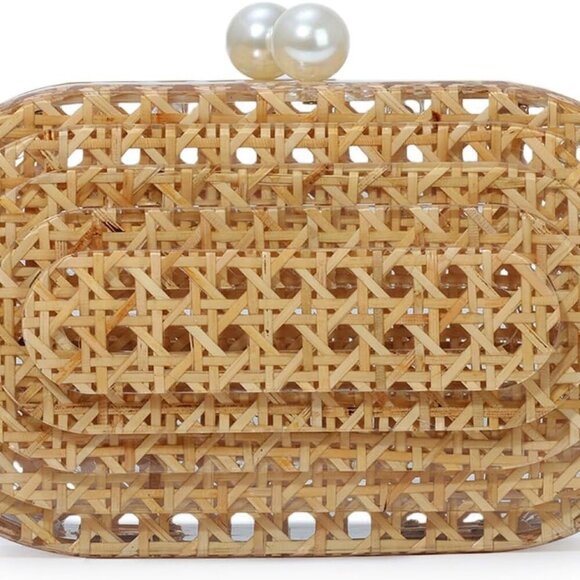 Women Acrylic Clutch Bag Rattan Woven Pattern Evening Crossbody Chic